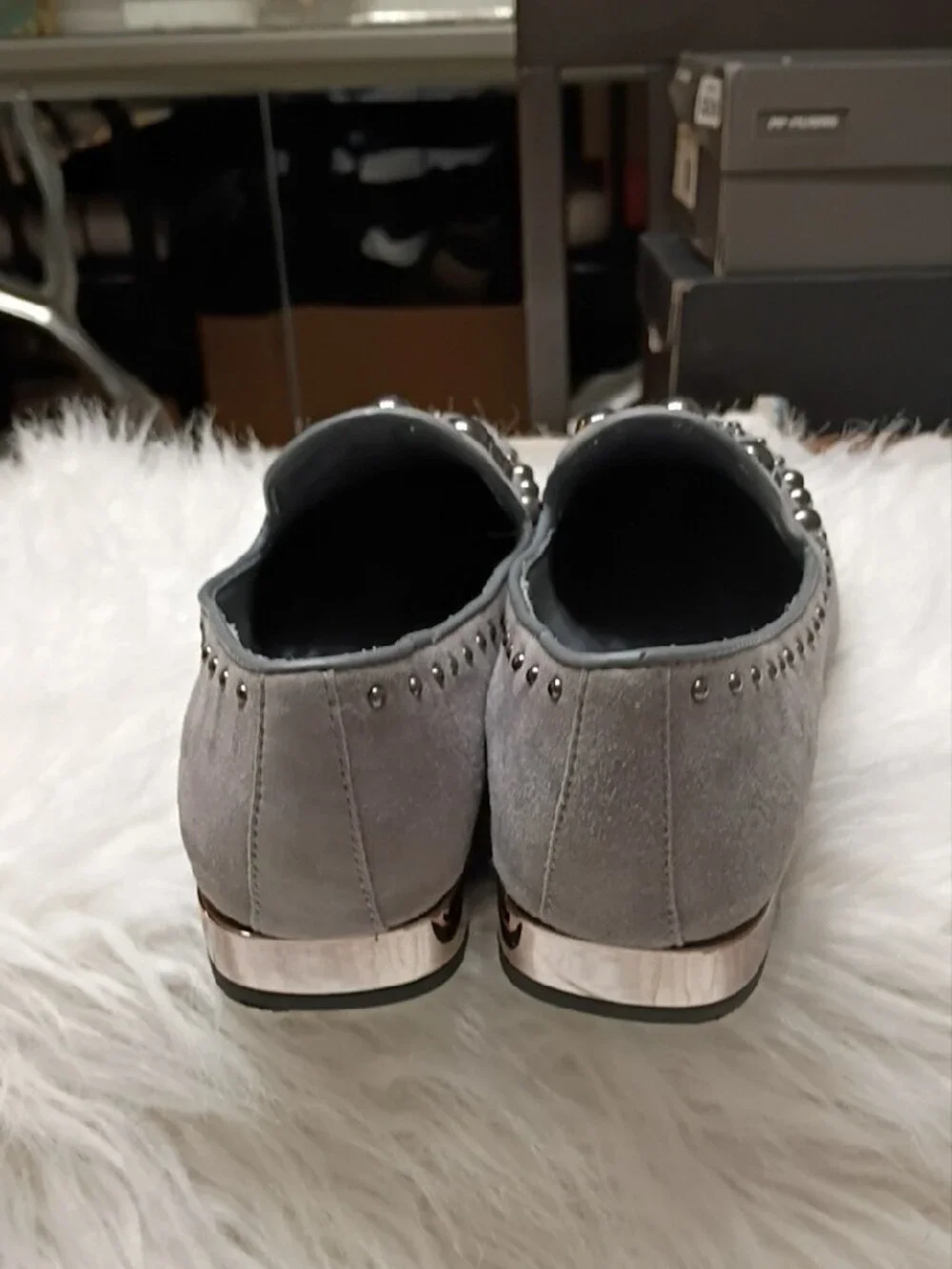 Women's Donald Pliner Rebel 2 Pewter Studded Suede Loafers in Gray 7M